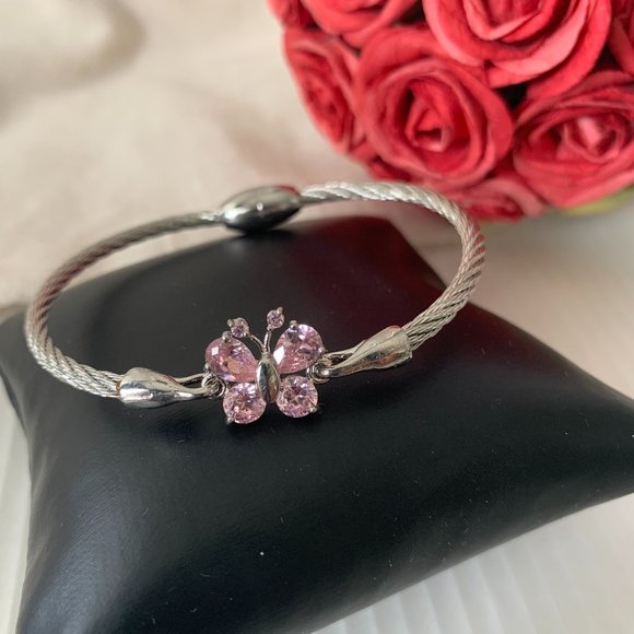 NEW Pink Crystal Butterfly Cable Bangle Bracelet - Picture 3 of 5